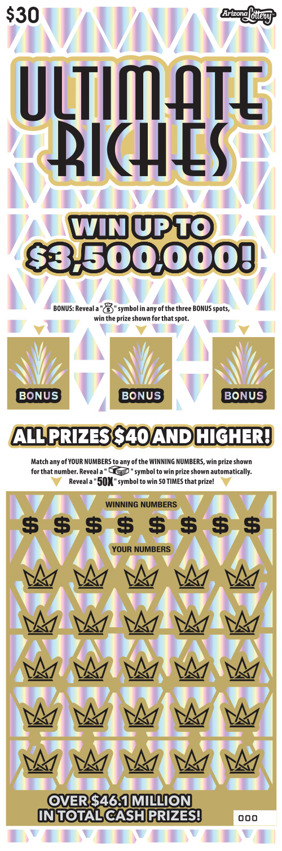 $30 ticket, Ultimate Riches, Win Up To $3.5 Million, all prizes $40 and higher, over $46.1 million in total cash prizes
