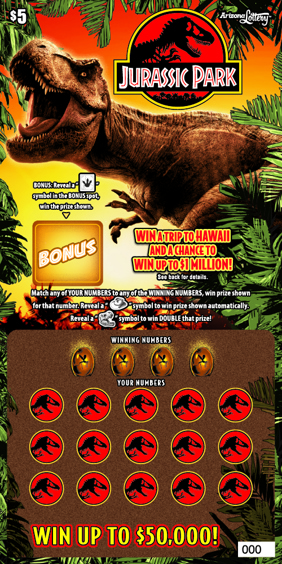 $5 Ticket, Jurassic Park, Win A Trip to Hawaii and a chance to win $1 million, win up to $50,000