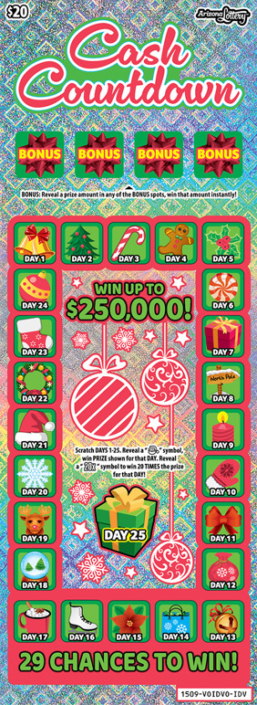 $20 Ticket, Cash Countdown, Win Up To $25,000, 29 Chances to Win
