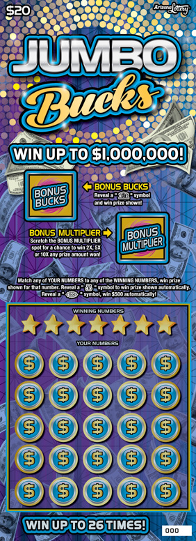 $20 ticket, Jumbo Bucks, win up to $1 million, win up to 26 times