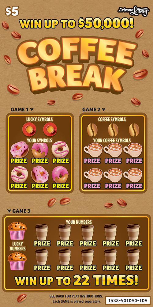$5 ticket, Coffee Break, Win up to $50,000, win up to 22 times