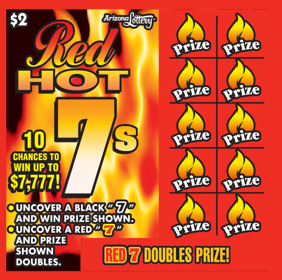 $2 Ticket, Red Hot 7's, Red 7 Doubles Prize, 10 Chances to Win Up To $7,777