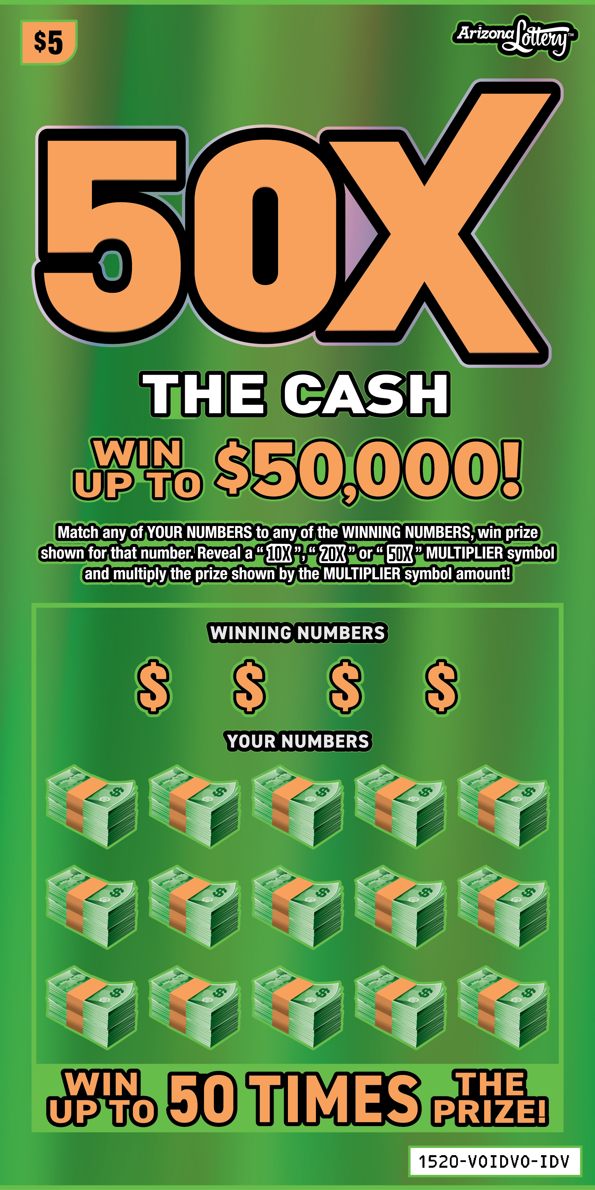 50X The Cash, $5 Ticket, win up to $50,000