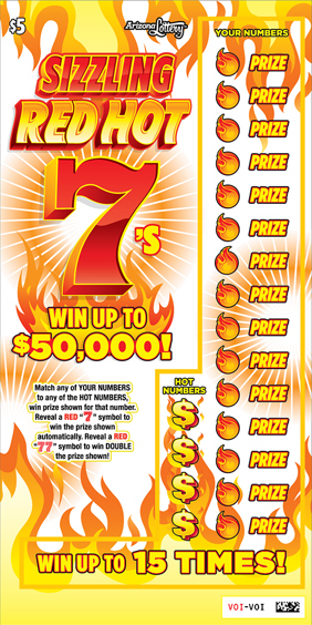 Sizzling Red Hot 7's, $5 Ticket, Win Up to $50,000, Win Up To 15 Times
