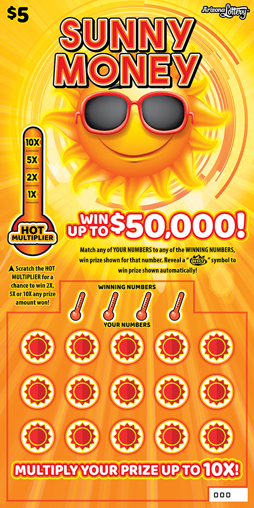 $5 ticket, Sunny Money, win up to $50,000, multiply your prize up to 10x