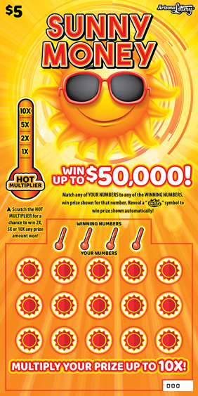 $5 ticket, Sunny Money, win up to $50,000, multiply your prize up to 10x