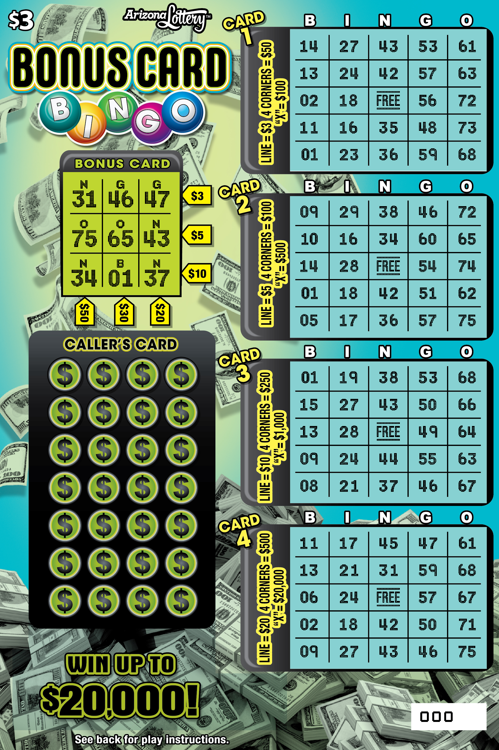 $3 Ticket, Bonus Card Bingo, 