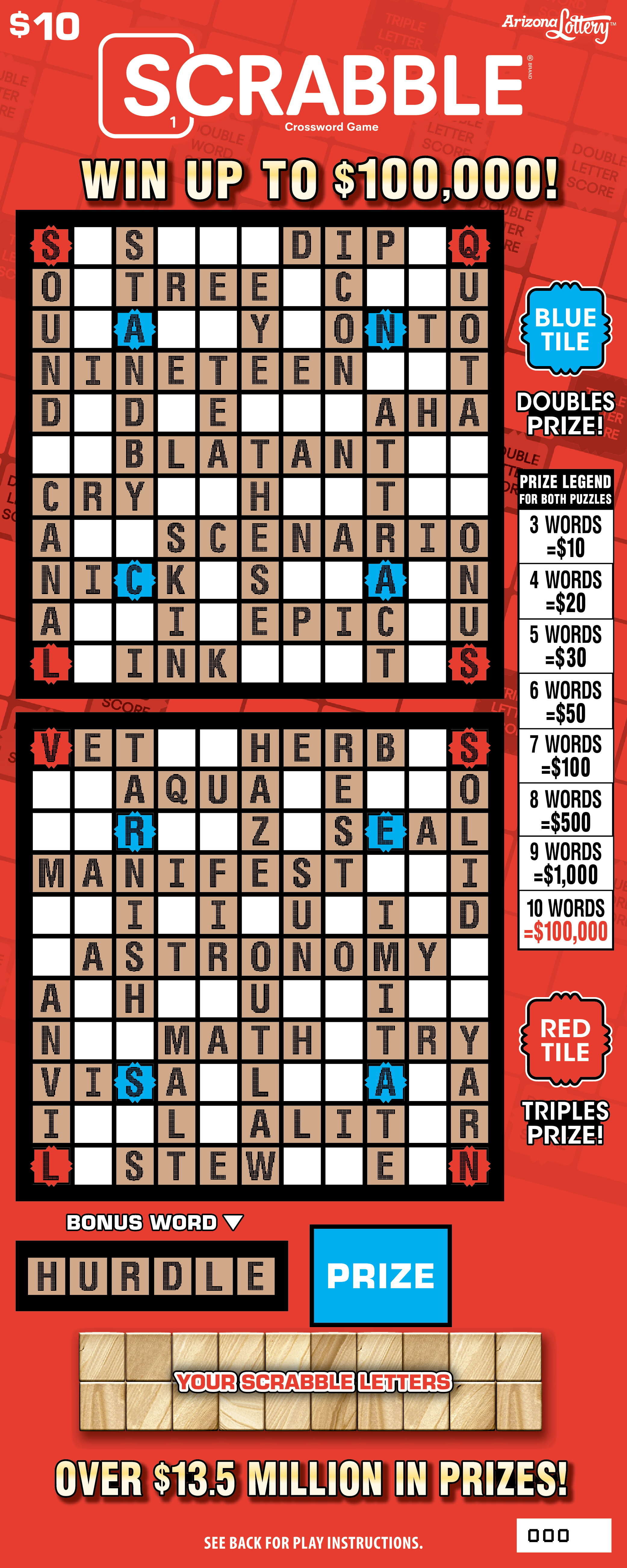 SCRABBLE Crossword Game, $10 ticket, win up to $100K, over $13.5 million in prizes