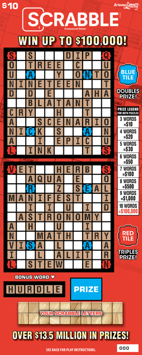 SCRABBLE Crossword Game, $10 ticket, win up to $100K, over $13.5 million in prizes