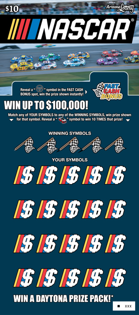$10 Ticket, NASCAR®, Win Up to $100,000, Win A Daytona Prize Pack