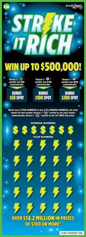 Strike It Rich, $20 Scratchers, Win Up To $500,000, Over $14.2 Million in Prizes of $100 or More 