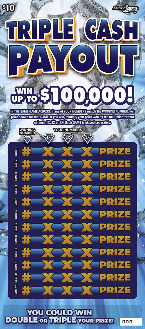 Triple Cash Payout, $10 Ticket, win up to $100,000, you could win double or triple your prize 