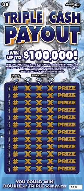 Triple Cash Payout, $10 Ticket, win up to $100,000, you could win double or triple your prize 