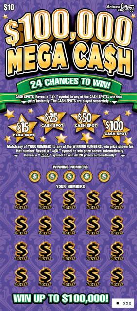 $100,000 Mega Cash, $10 Ticket, 24 Chances to Win, Win Up To $100,000